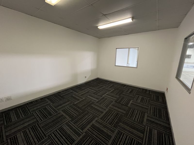 A clean, empty office space featuring modern carpet tiles, a suspended ceiling with integrated lighting, and an internal window looking out.