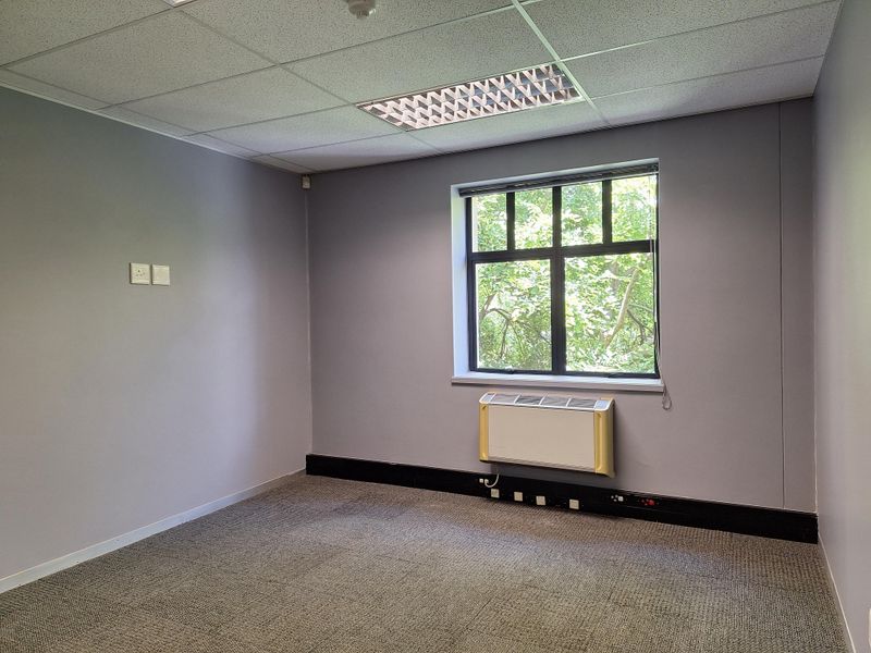 A clean, empty office space featuring neutral grey walls, carpeted flooring, a suspended ceiling with recessed lighting, and a wall-mounted HVAC unit.