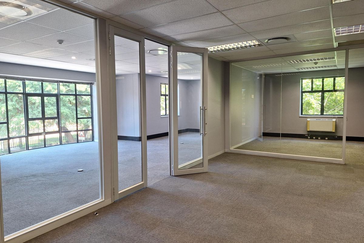 Spacious open-plan office area featuring glass partitions, suspended ceilings, recessed lighting, and large windows providing ample natural light.