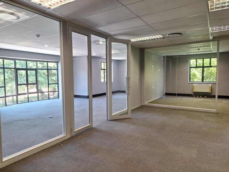 Spacious open-plan office area featuring glass partitions, suspended ceilings, recessed lighting, and large windows providing ample natural light.