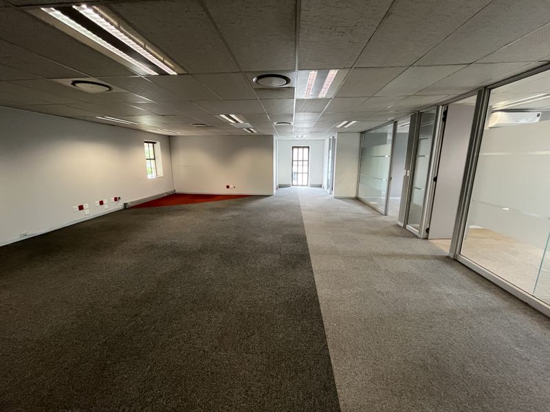 Spacious open-plan office area featuring suspended ceilings, recessed lighting, and glass-partitioned private offices with neutral carpet flooring throughout.