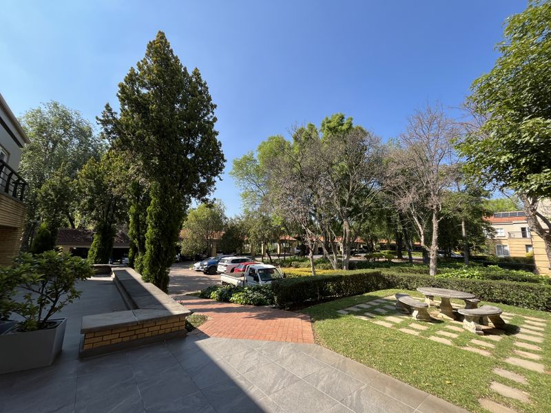 A well-maintained office park garden featuring paved walkways, mature trees, landscaped hedges, and a stone seating area.