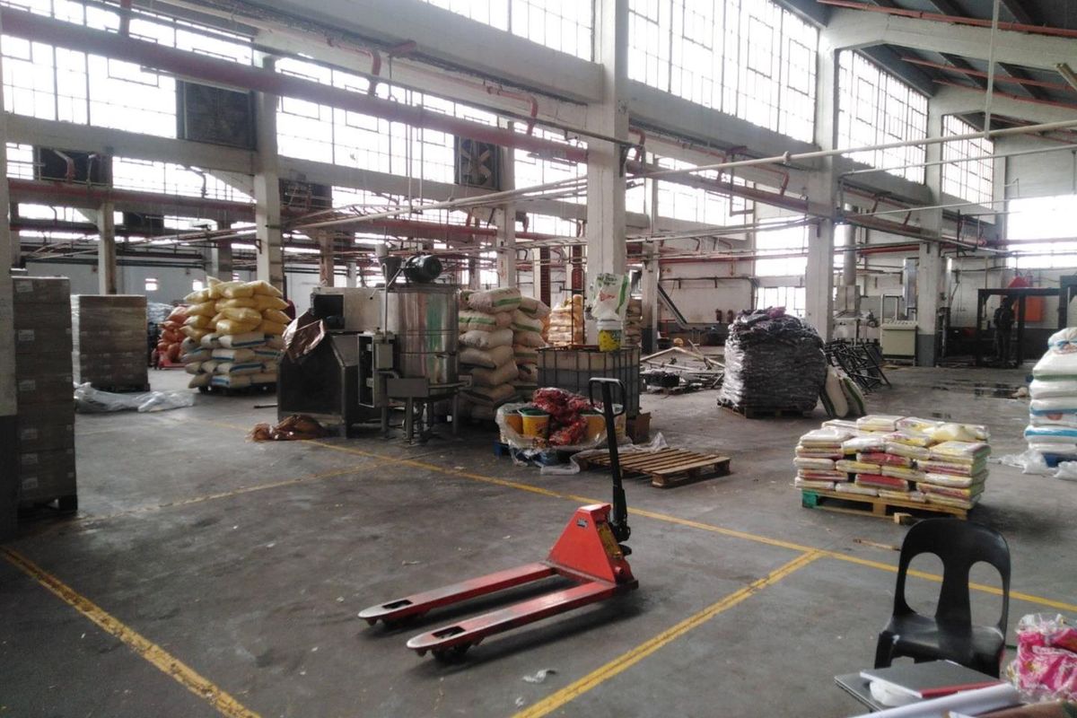 Spacious industrial warehouse featuring high ceilings, exposed steel trusses, large steel-framed windows, and durable concrete flooring suitable for manufacturing or storage operations.