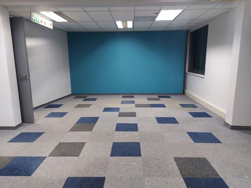 An empty office space featuring a blue accent wall, patterned carpet tiles, and a suspended ceiling with recessed lighting.