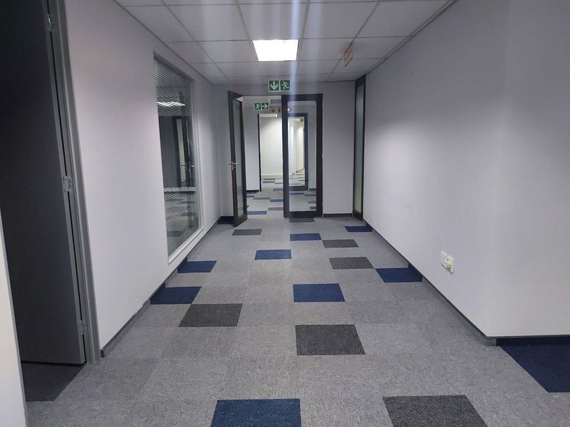A clean, well-lit office hallway featuring modern carpet tiles, suspended ceiling panels, and glass partition walls leading to multiple office spaces.