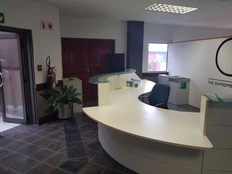 Professional office reception area featuring a curved built-in desk, tiled flooring, and a drop ceiling, providing a functional welcome space for clients.