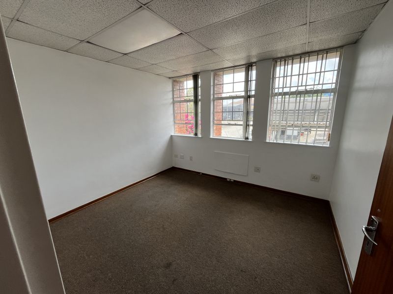 A vacant office space featuring a suspended ceiling, carpeted flooring, and windows fitted with security bars.