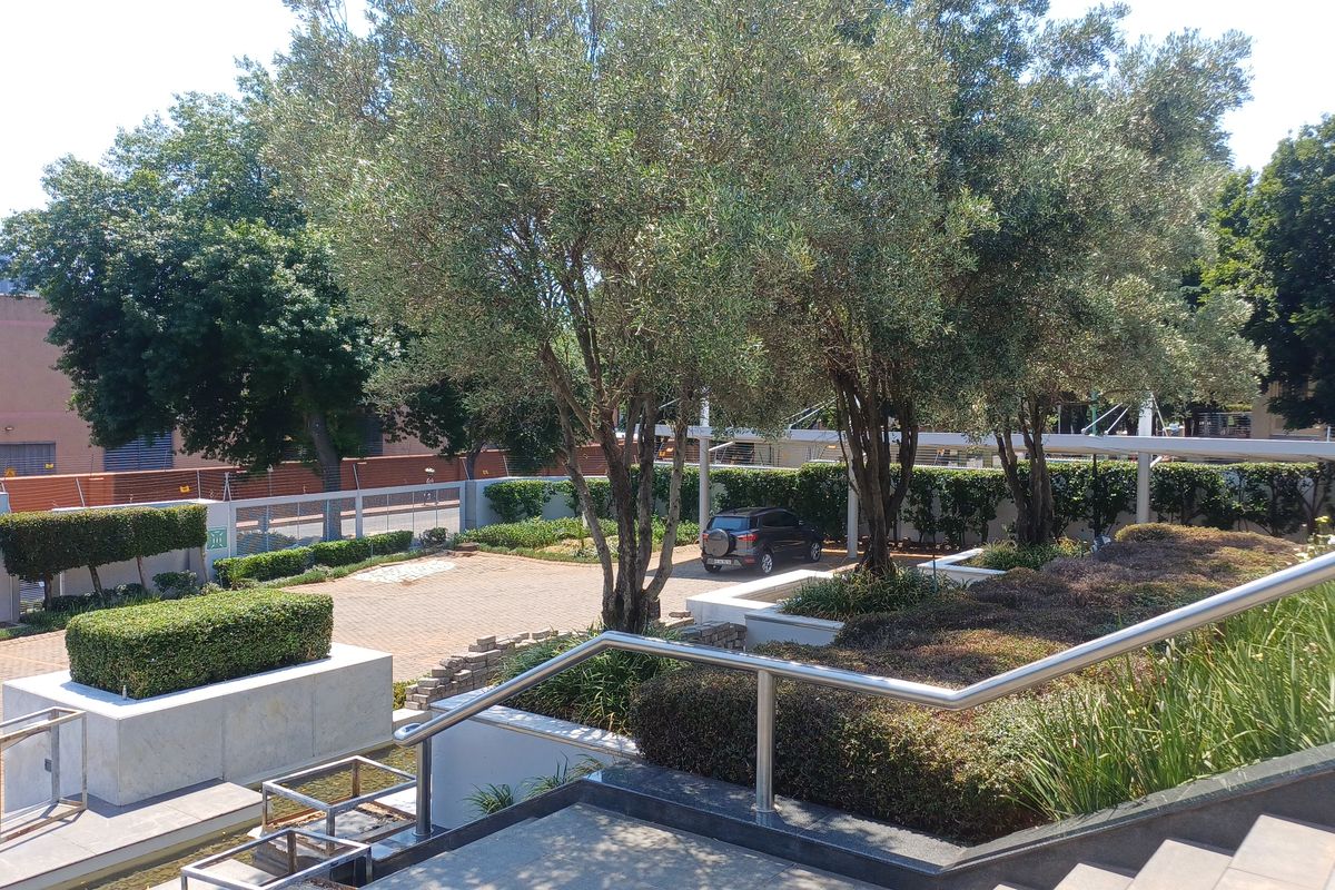 A well-maintained outdoor area featuring paved driveway, landscaped garden beds, concrete retaining walls, and metal handrails leading down a staircase.