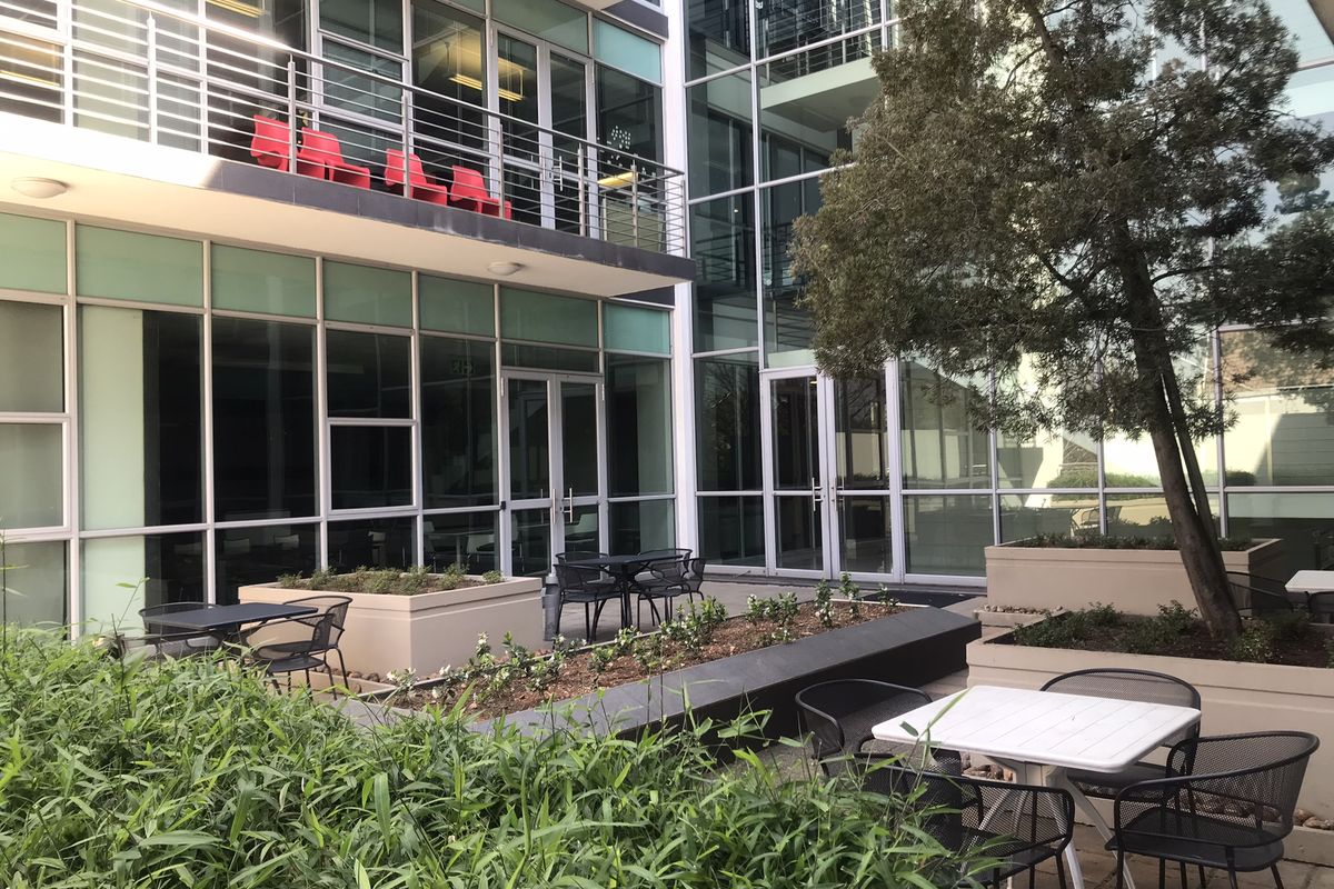 A modern office courtyard featuring glass facade architecture, integrated planter boxes, and a paved outdoor seating area.