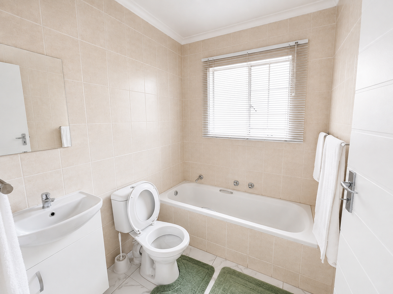 A clean, functional bathroom featuring a built-in bathtub, vanity cabinet with basin, toilet, and neutral wall tiling with natural light from the window.