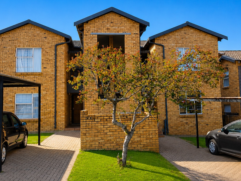 Front elevation of a face brick apartment complex featuring paved parking areas with carports and well-maintained landscaping.