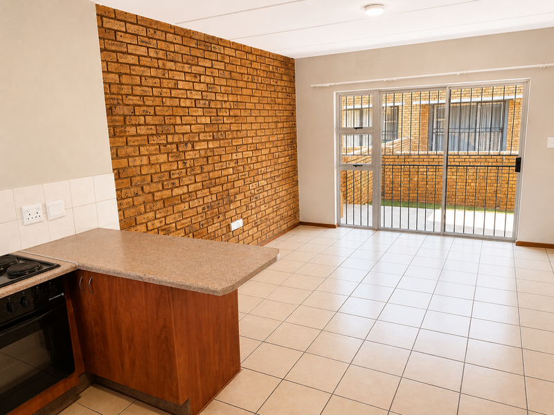 Open-plan living area featuring an exposed brick wall, tiled flooring, and a functional kitchen nook with built-in oven and hob, leading to a patio.