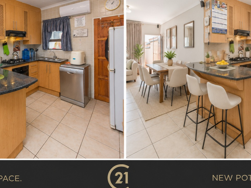 Open-plan kitchen and dining area featuring wooden cabinetry, granite countertops, built-in appliances, and tiled flooring, seamlessly connecting to the living space.