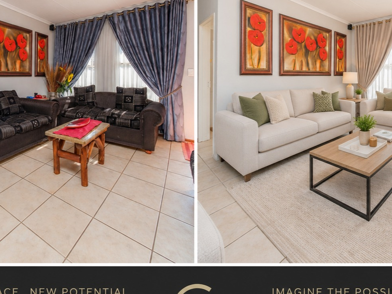 A living room area featuring ceramic floor tiles and window treatments, presented as a before-and-after comparison for staging potential.