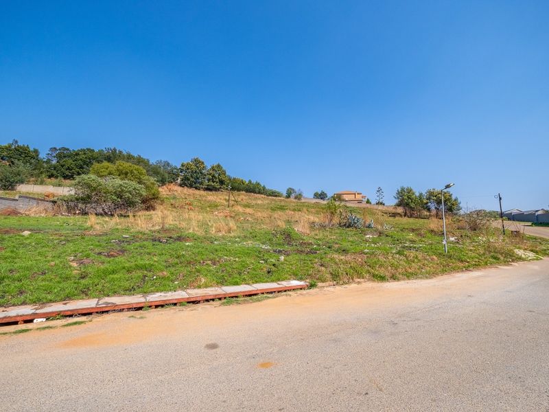 A street-level view of a vacant residential plot featuring a paved road, concrete curbing, and natural grass landscape.
