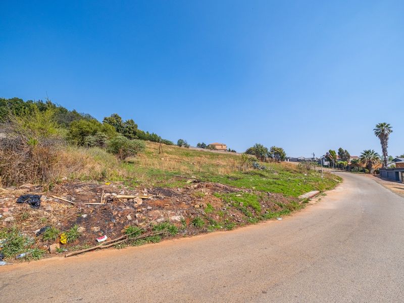 A street-level view of a vacant residential plot featuring a sloped landscape and direct access to the paved road.