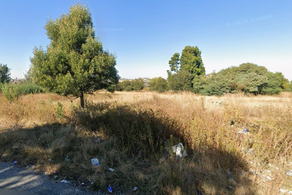 A view of an undeveloped residential plot featuring natural vegetation and mature trees, accessible from the adjacent road.