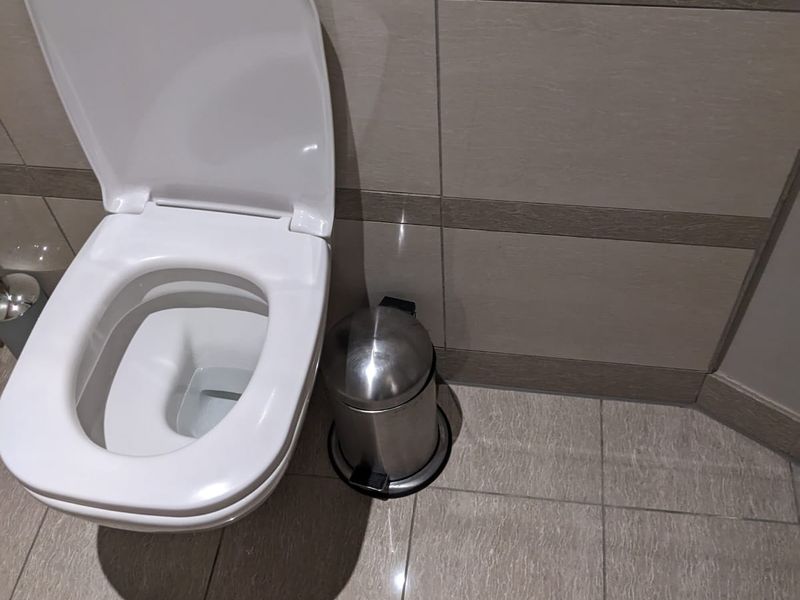 A clean bathroom featuring a modern wall-mounted toilet with a flush plate and neutral-toned ceramic wall and floor tiling.
