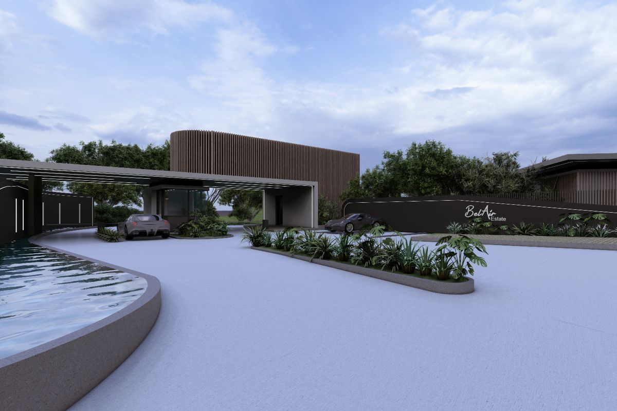 A modern, high-end gated entrance to Bel Air Estate, featuring contemporary architectural design, a water feature, and landscaped garden beds.