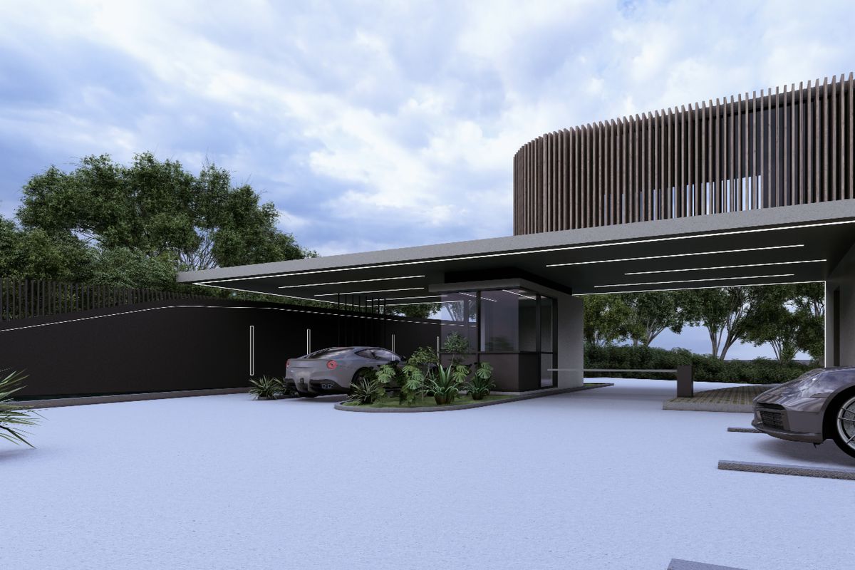 A modern, architecturally designed security entrance gatehouse featuring sleek lines, integrated lighting, and contemporary timber slat detailing.