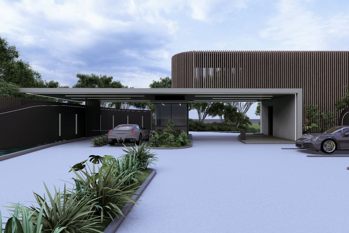 A modern architectural rendering of a residential entrance gatehouse featuring sleek lines, timber slat detailing, and integrated lighting.