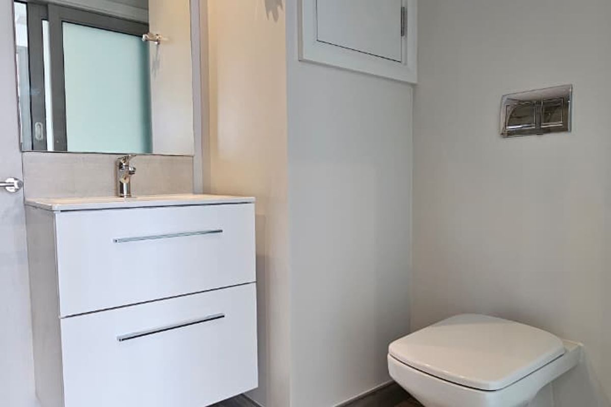 Modern bathroom featuring a wall-mounted vanity with integrated basin, wall-hung toilet with concealed cistern, and wood-look tile flooring.