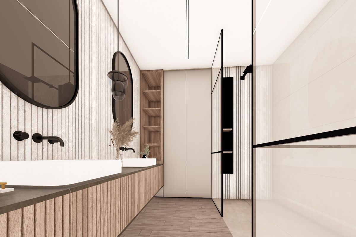 Modern bathroom featuring a double vanity with integrated sinks, wood-panelled cabinetry, vertical wall detailing, and a glass-enclosed walk-in shower.
