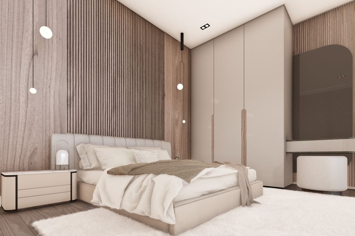 A modern bedroom featuring wood-slat wall paneling, integrated floor-to-ceiling cabinetry, and recessed ceiling lighting.