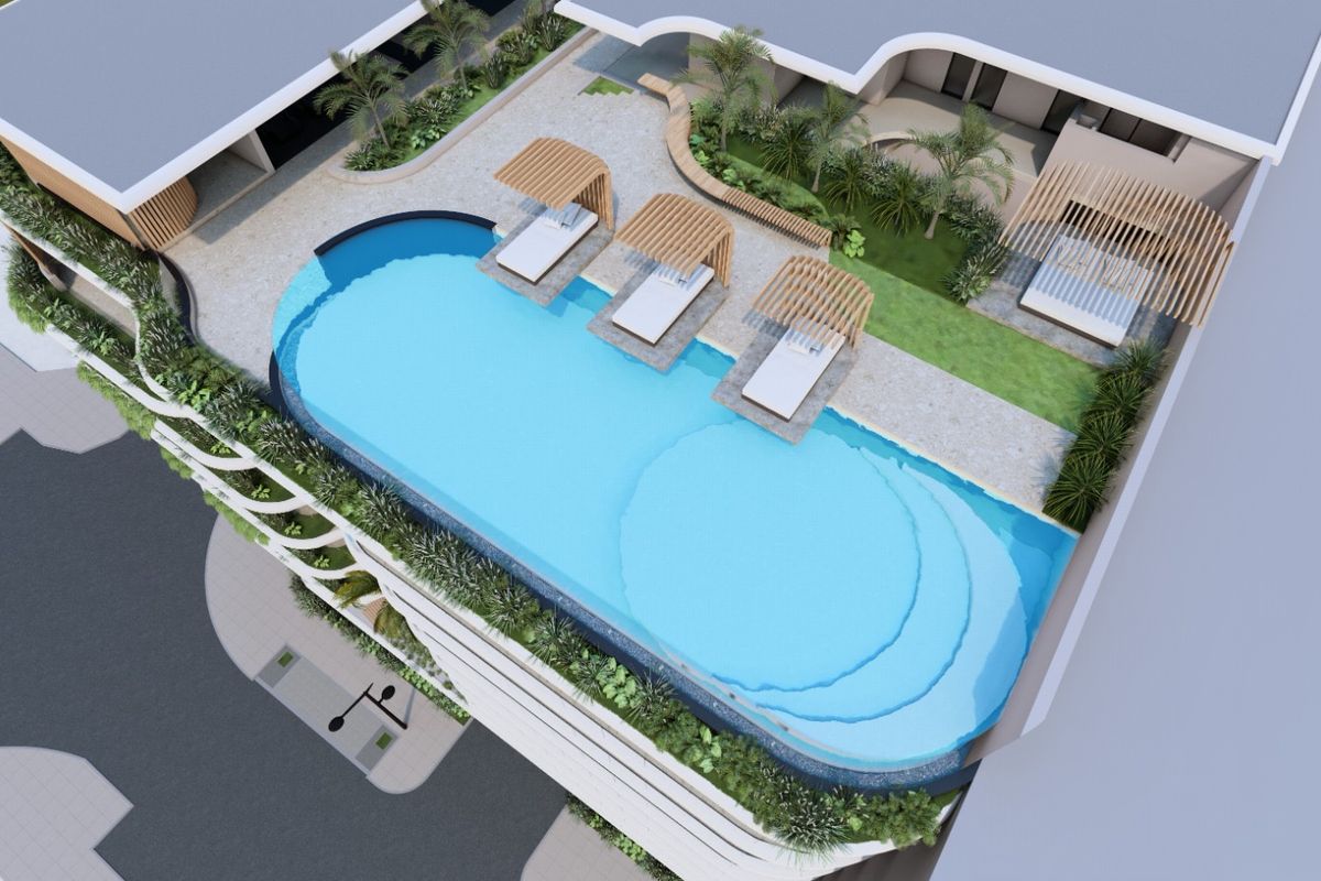 An aerial view of a modern apartment complex featuring a large swimming pool, landscaped garden areas, and integrated wooden pergola structures.