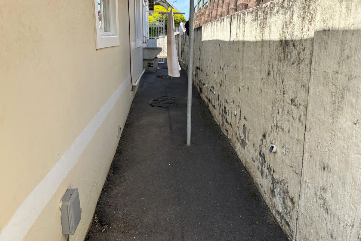 A narrow side passage of the townhouse featuring a concrete walkway, boundary wall, and exterior utility access.