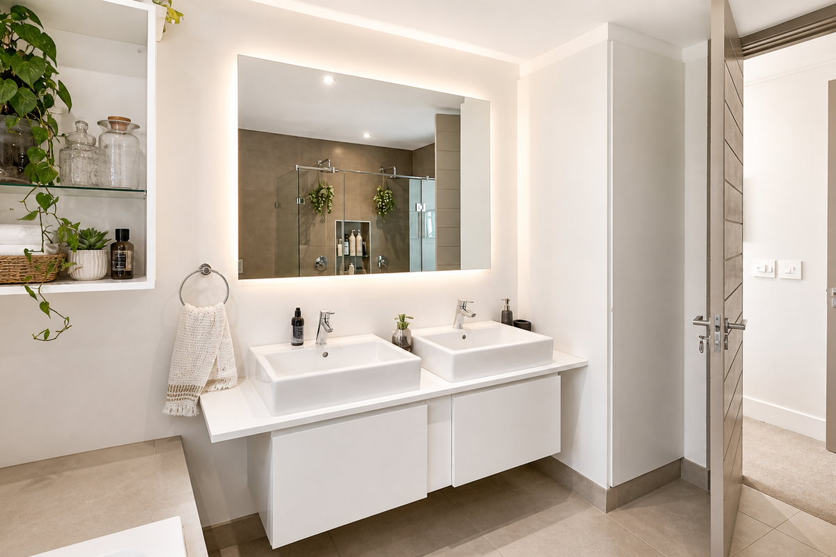 Modern bathroom featuring a double vanity with white vessel sinks, wall-mounted cabinetry, a large backlit mirror, and a glass-enclosed shower area.