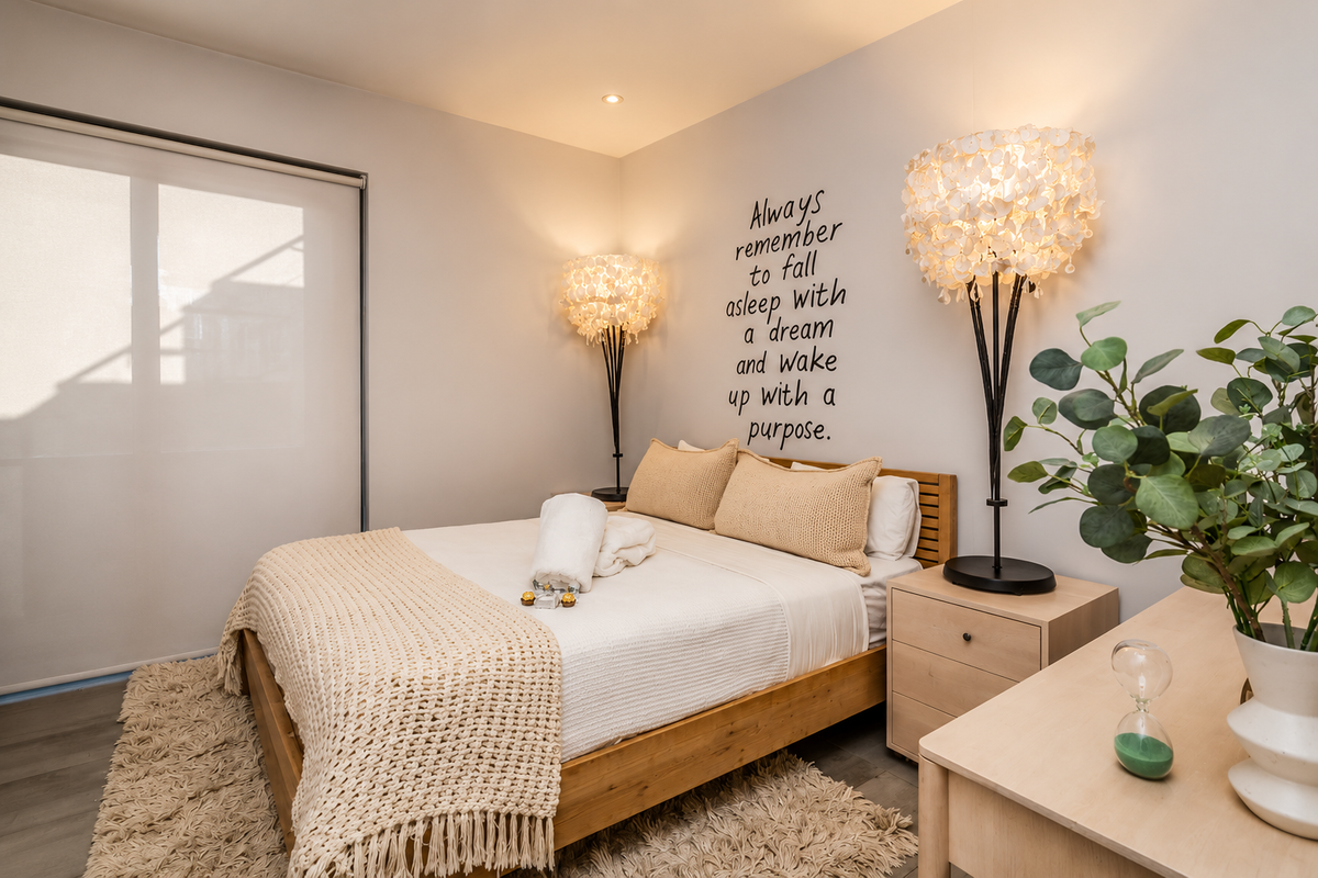 A well-maintained bedroom featuring neutral tones, recessed ceiling lighting, and a large sliding glass door providing natural light.