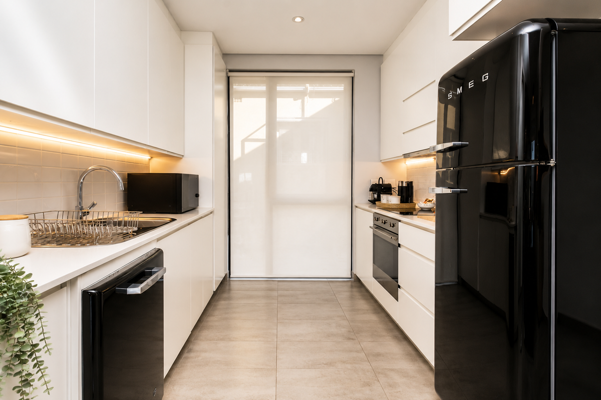 Modern galley-style kitchen featuring sleek white cabinetry, integrated appliances, under-cabinet lighting, and high-quality tiled flooring.