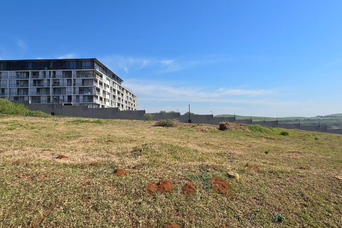 A view of a vacant residential plot featuring natural grass terrain, bordered by a perimeter wall with a large apartment complex in the background.