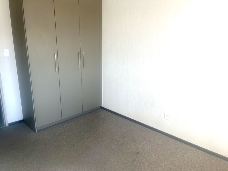 A vacant bedroom featuring neutral walls, carpeted flooring, and a built-in wardrobe with modern grey doors.