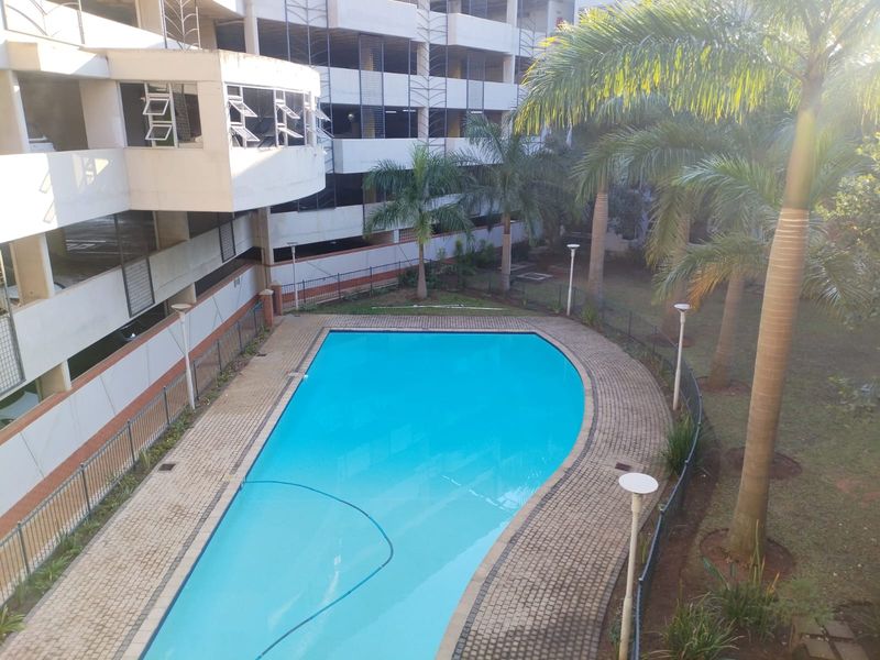 An elevated view of a communal swimming pool area featuring a paved deck, perimeter fencing, and established palm trees within the apartment complex.