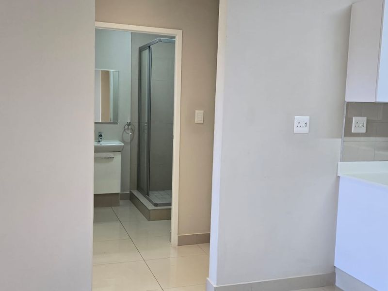 An open-plan kitchen area featuring modern cabinetry and built-in appliances, with a view into an adjacent bathroom with a shower and vanity.