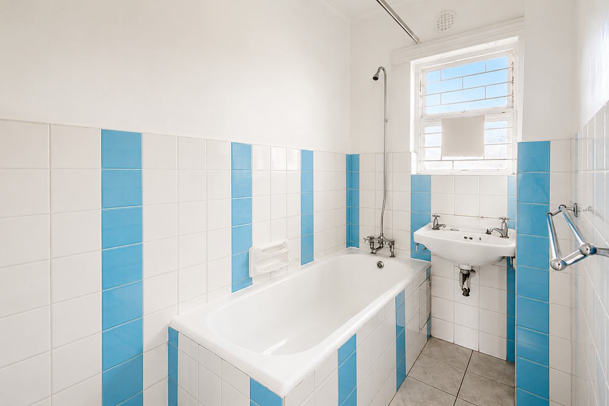 A functional bathroom featuring a bathtub with shower attachment, a wall-mounted washbasin, and classic blue and white tiled finishes.