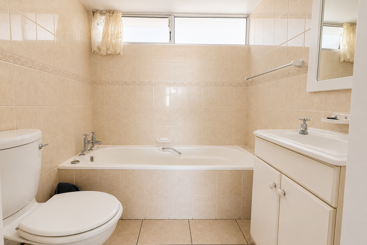 A functional bathroom featuring a built-in bathtub, vanity cabinet with basin, and neutral ceramic tiling throughout.