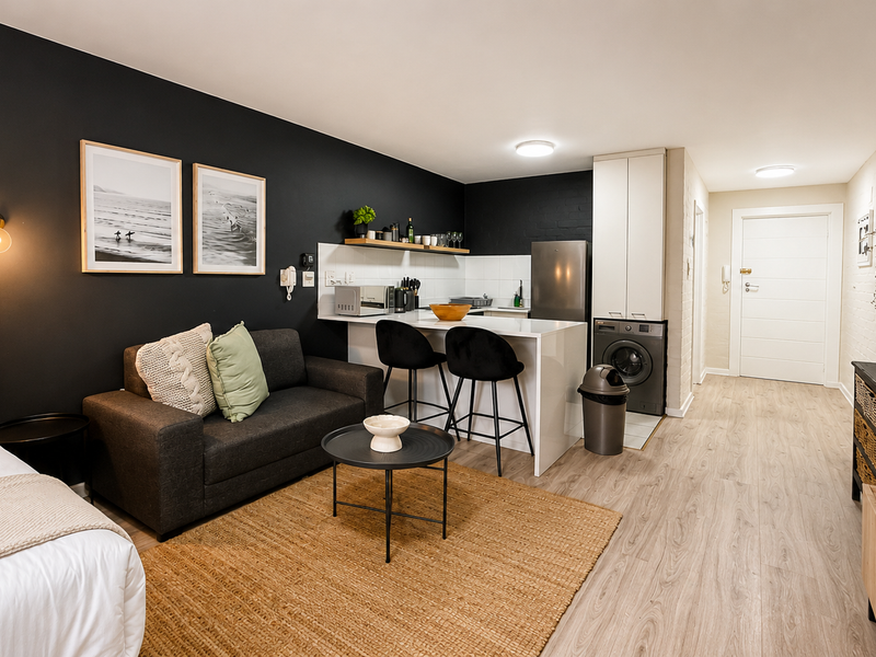 Modern open-plan studio apartment featuring a compact kitchen with island, integrated laundry space, and contemporary finishes throughout.