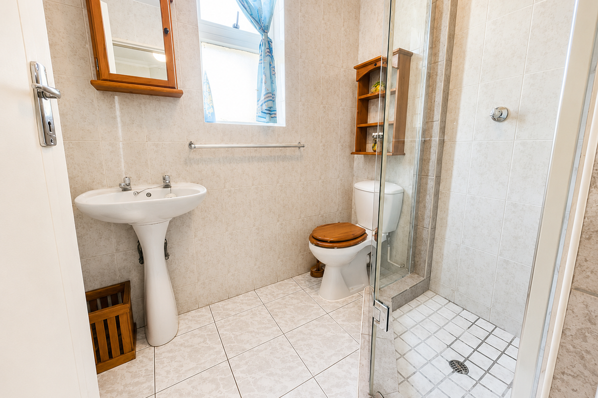 A functional bathroom featuring a pedestal washbasin, toilet, and a glass-enclosed shower with neutral wall and floor tiling.