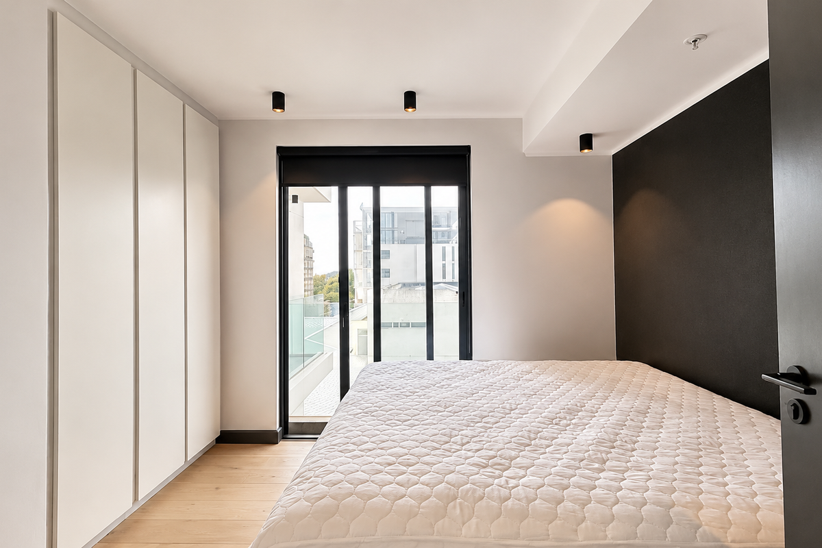 Modern bedroom featuring built-in wardrobes, timber flooring, a striking black feature wall, and direct access to a private balcony through sliding glass doors.
