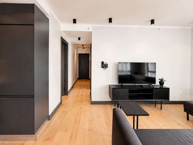 Modern open-plan living area featuring sleek dark cabinetry, light wood-look flooring, and recessed lighting, creating a clean and contemporary aesthetic.