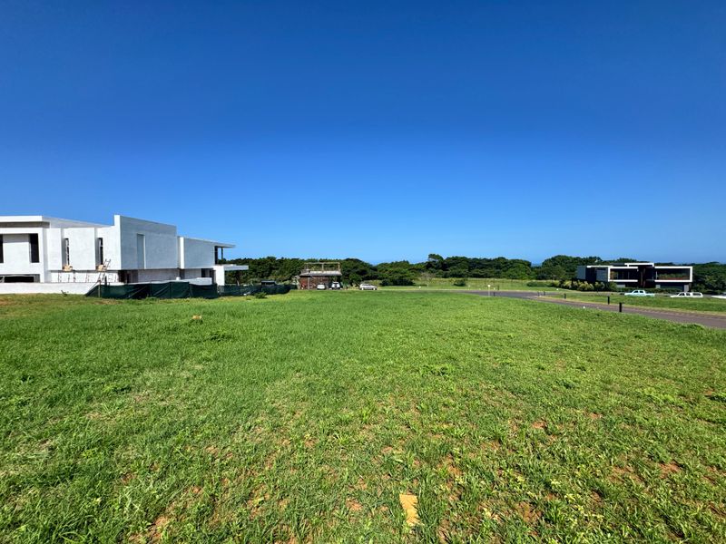 A wide-angle view of a vacant residential plot featuring a grassy lawn with surrounding modern residential developments and a paved access road.