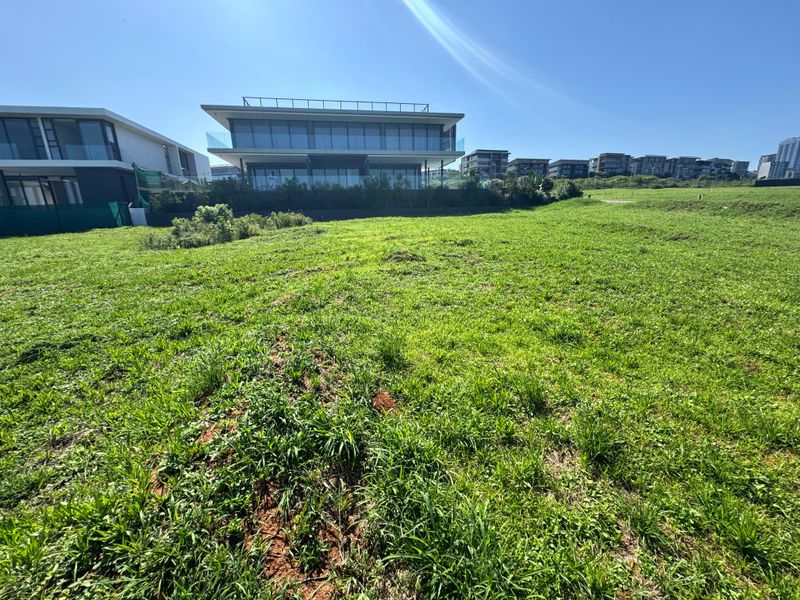 A view of a vacant residential plot featuring open grassland with neighboring modern architectural homes in the background.