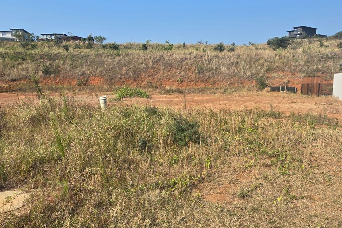 A vacant residential plot featuring natural vegetation, visible utility connections, and surrounding residential development in an established estate.