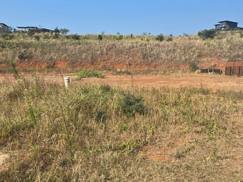 A vacant residential plot featuring natural vegetation, visible utility connections, and surrounding residential development in an established estate.