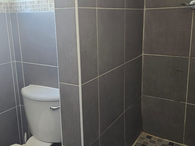 A functional bathroom featuring dark grey wall tiles, a tiled shower area, and a standard toilet.