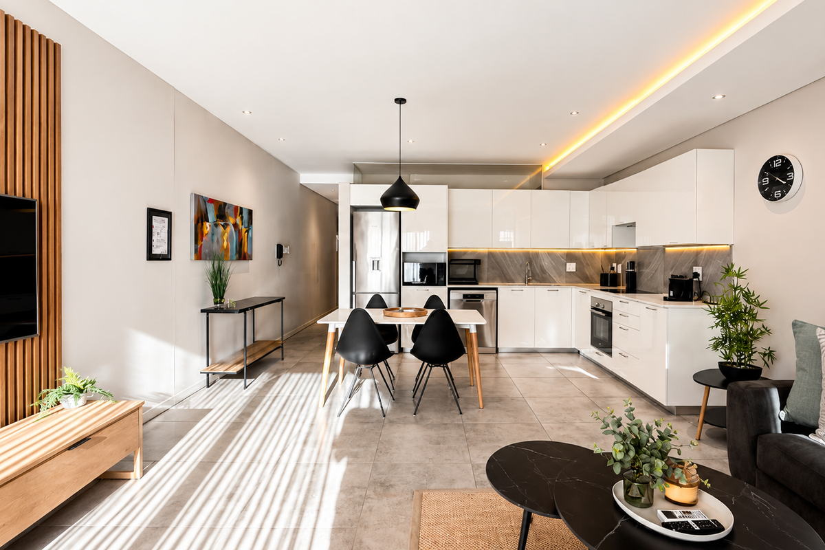 Modern open-plan living and kitchen area featuring high-gloss cabinetry, stone backsplash, integrated appliances, timber slat wall detailing, and elegant recessed lighting.