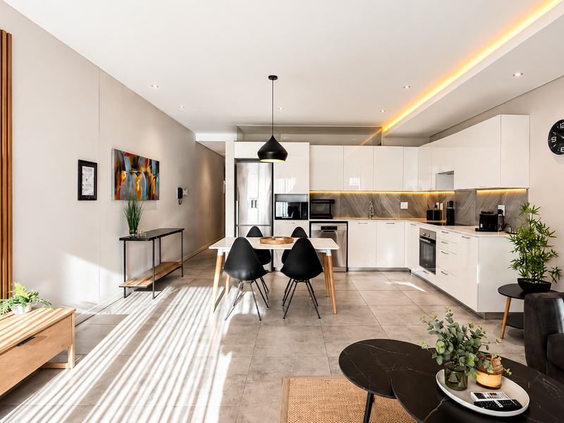Modern open-plan living and kitchen area featuring high-gloss cabinetry, stone backsplash, integrated appliances, timber slat wall detailing, and elegant recessed lighting.